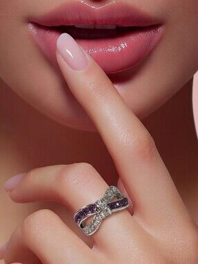 Purple Amethyst Bow Sterling Silver Bypass Ring – Coquette Statement Sparkly